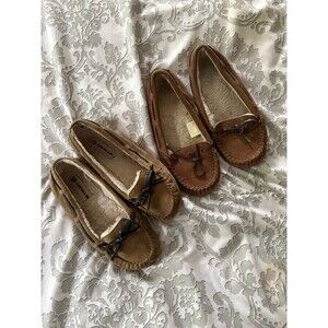 Set of 2 Brown Moccasin Fuzzy Slipper Flats